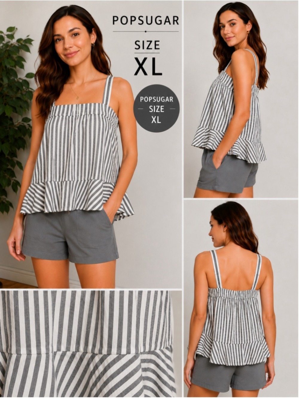 POPSUGAR Striped Linen Blend Crop Tank Top White Black XL